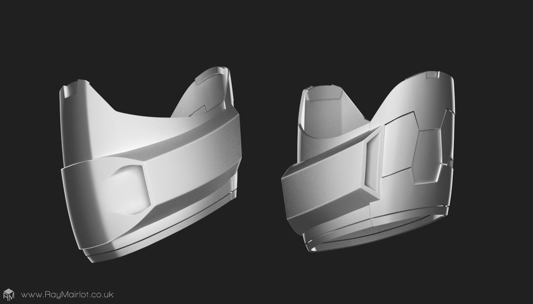 A 3D render of a model of a silver metallic bicep shown from two different perspectives on a dark grey background.